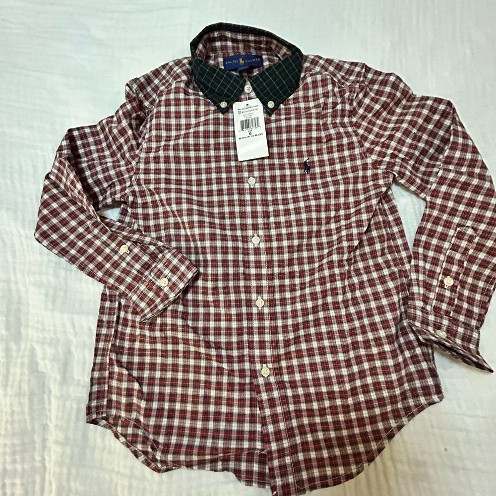 POLO RALPH LAUREN Plaid Cotton Poplin Shirt Boys sz 6 NWT Holiday Red Multi